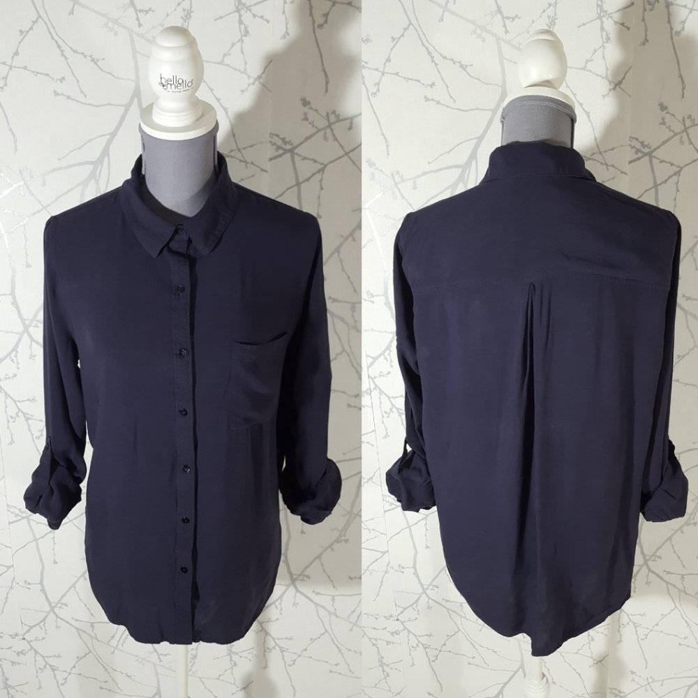 Workhall Navy Button Front Long Sleeve Blouse